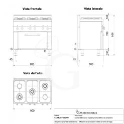 Cucina Professionale A Gas 5 Fuochi Forno Elettrico A Convezione Griglie GN1/1 Profondità 600 Mm -Vendite Gastrodomus cucina a gas 5 fuochi potenziataforno elettrico a convenzione gn 11 2