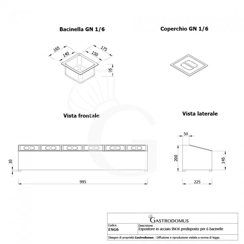 Espositore In Acciaio Inox Predisposto Per 6 Bacinelle GN1/6 - Dimensioni L 995 Mm X P 225 Mm X H 200 Mm 8 Espositore In Acciaio Inox Predisposto Per 6 Bacinelle GN1/6 - Dimensioni L 995 Mm X P 225 Mm X H 200 Mm - immagine 6