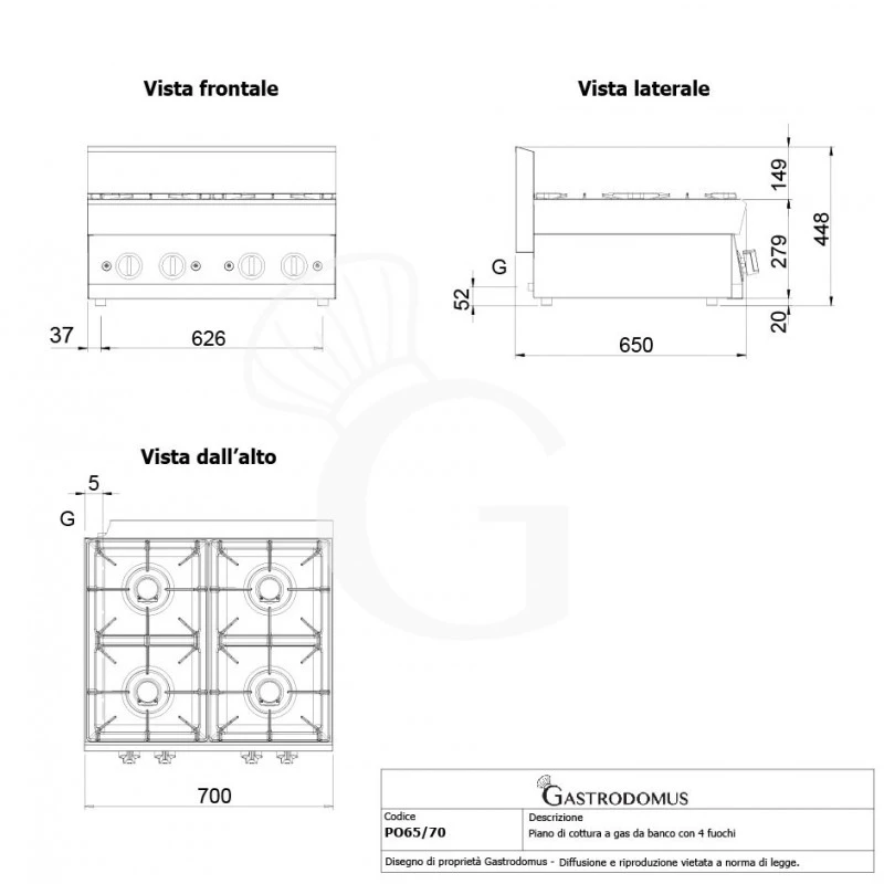 Piano Cottura A Gas 4 Fuochi Con Bruciatore Pilota Profondità 650 Mm 5 Piano Cottura A Gas 4 Fuochi Con Bruciatore Pilota Profondità 650 Mm - immagine 3