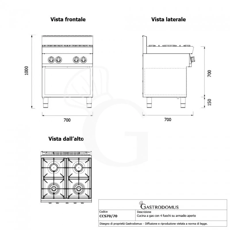 Cucina Professionale A Gas 4 Fuochi Armadio Aperto Profondità 700 Mm 5 Cucina Professionale A Gas 4 Fuochi Armadio Aperto Profondità 700 Mm - immagine 3
