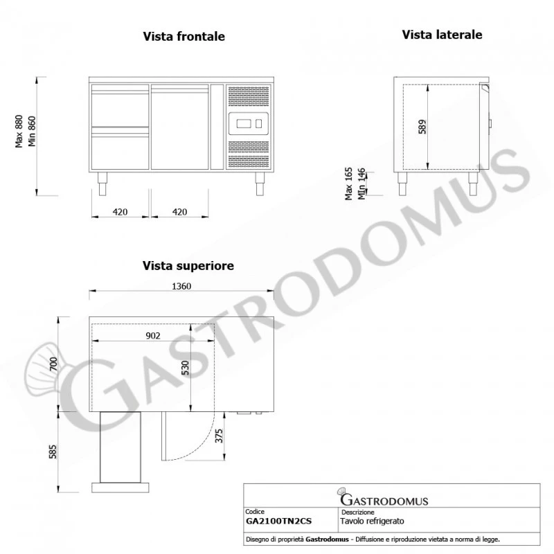 Tavolo Refrigerato 2 Cassetti 1 Porta 700 Mm -2°C/+8°C 7 Tavolo Refrigerato 2 Cassetti 1 Porta 700 Mm -2°C/+8°C - immagine 5