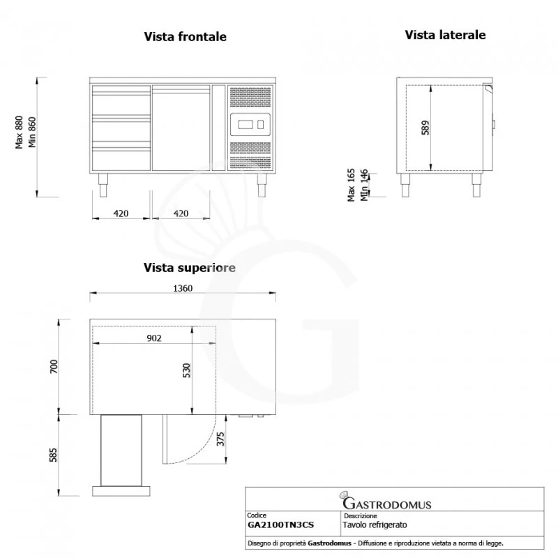 Tavolo Refrigerato 3 Cassetti 1 Porta 700 Mm -2°C/+8°C 8 Tavolo Refrigerato 3 Cassetti 1 Porta 700 Mm -2°C/+8°C - immagine 6
