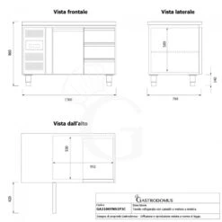 Tavolo Refrigerato 3 Cassetti 1 Porta 700 Mm -2°C/+8°C Motore A Sinistra -Vendite Gastrodomus tavolo frigo con 1 porta e 3 cassetti prof 700 e temperatura 2c8c 6