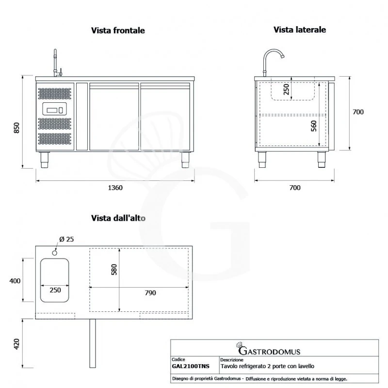 Tavolo Refrigerato 2 Porte Con Lavello,motore A Sinistra,Prof. 700 Mm,temp +2°C/+8°C, Completo Di Rubinetto, Classe Energetica B 13 Tavolo Refrigerato 2 Porte Con Lavello,motore A Sinistra,Prof. 700 Mm,temp +2°C/+8°C, Completo Di Rubinetto, Classe Energetica B - immagine 11