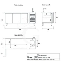 Tavolo Refrigerato 3 Porte Con Lavello,motore A Destra,Prof. 700 Mm,temp +2°C/+8°C, Completo Di Rubinetto Classe Energetica B -Vendite Gastrodomus tavolo refrigerato 2 porte gn 11 prof700 tn 22