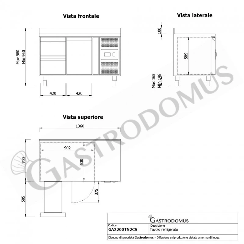 Tavolo Refrigerato 2 Cassetti 1 Porta 700 Mm -2°C/+8°C Con Alzatina 10 Tavolo Refrigerato 2 Cassetti 1 Porta 700 Mm -2°C/+8°C Con Alzatina - immagine 8